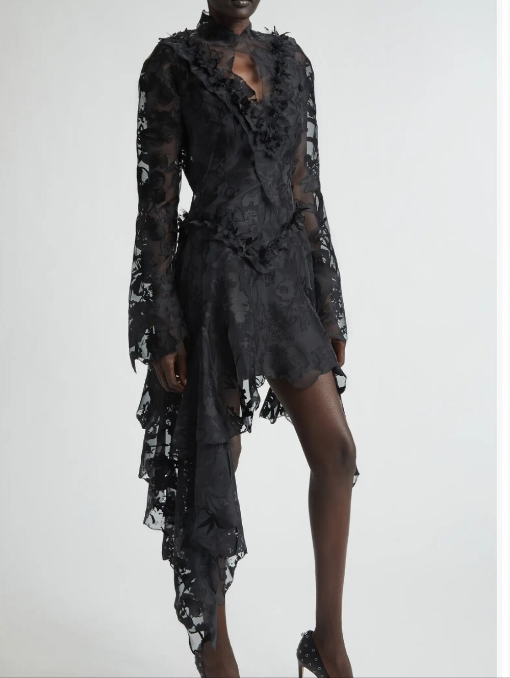 Alexander MCQUEEN Black Long Sleeve Devore Lace Asymetrical Dress NWT Size US 10